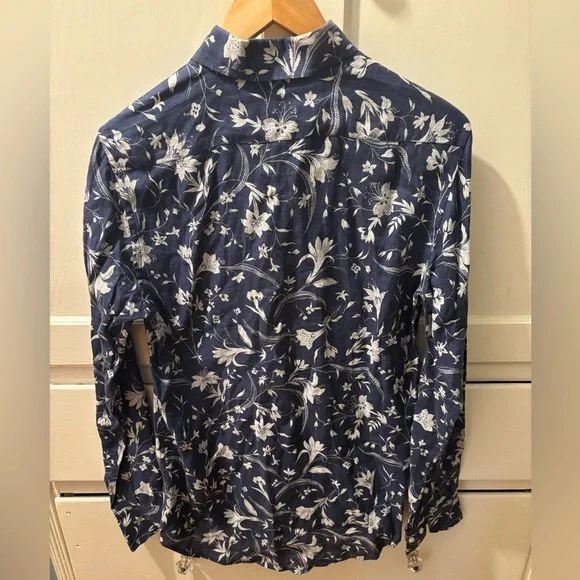 Carolina Herrera Men's Linen Blue Floral Print Button Down Shirt - Size 15 - Picture 6 of 11